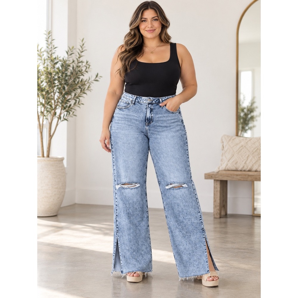 Risen Jeans High-Rise Acid-Wash Distressed Wide-Leg Jeans Size 15/32